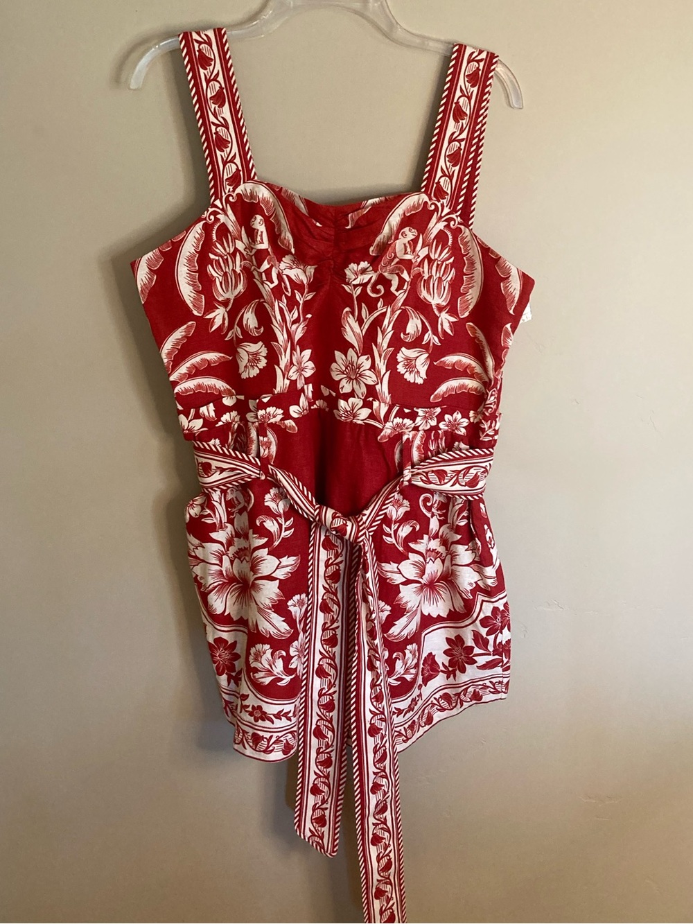 NEW FARM Rio Red Guanacaste Belted Euroflax™ Romper Tropical Floral Linen Size L - Picture 5 of 15